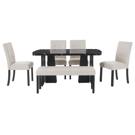 6 Piece Modern Dining Table Set, 63' Faux Marble Dining Table with Geometric Legs & 4 Upholstered Chairs & 1 Bench, Suitable for Dining Kitchen Room,Easy to Assemble, Beige+Black - sold by Home Elegance USA