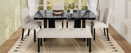 6 Piece Modern Dining Table Set, 63' Faux Marble Dining Table with Geometric Legs & 4 Upholstered Chairs & 1 Bench, Suitable for Dining Kitchen Room,Easy to Assemble, Beige+Black - sold by Home Elegance USA