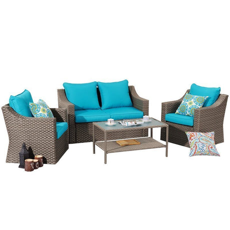 7-Pieces Wicker Patio Conversation Set with Blue Cushions