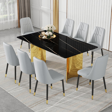 Table and chair set.The table has a glass top with imitation marble pattern stickers and stainless steel golden legs.Paried with 8 Light Gray chairs with PU cushions and black legs.W1151S01546 - sold by Home Elegance USA