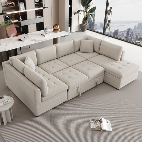 Oversized U-Shaped Sectional Sofa Couch with Pull-out Bed, Beige Chenille, 117.3' - sold by Home Elegance USA