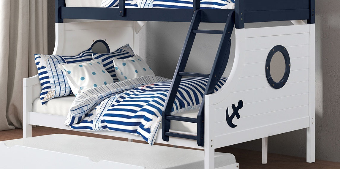 Twin Over Full Bunk Bed Modern Novelty Style Attached Ladder Upper Bed Rails And Lock Joint Structure For Safety Slat Kit Blue / White Finish - sold by Home Elegance USA