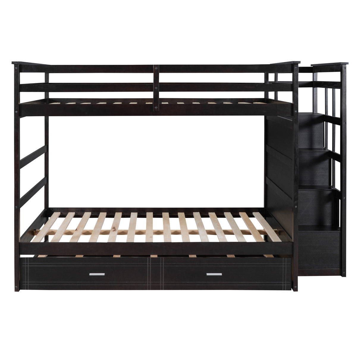 Full Over Full Bunk Bed with Twin Size Trundle and Staircase, Espresso - Home Elegance USA