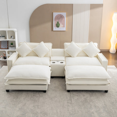 Chenille Upholstered Sectional Sofa with Removable Ottoman, USB Ports, Cup Holders, and Storage, Beige, 111' - sold by Home Elegance USA