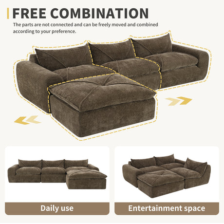 116'' Fully Compressed Sofa with High Density Foam, Integrated Backrest&Seat Cushion, Decorative Edging, Legless Design without Frame, No Assembly Required, Free Combination, Particle Chenille - sold by Home Elegance USA