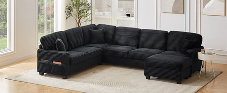 Upholstered U-shaped Sectional Sofa with Movable Ottoman and Side Storage Pockets in Black Corduroy, 125.2 inches - sold by Home Elegance USA