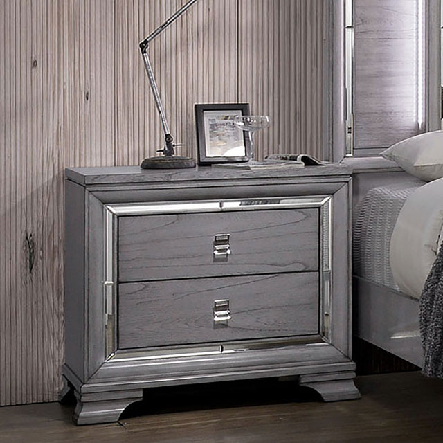 Contemporary Light Gray 1pc Nightstand Solidwood Dovetail Drawers Bedroom Furniture Bedside Table Acrylic Pulls Mirror Trim