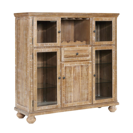 Wooden cabinet with glass doors and a drawer on a white background