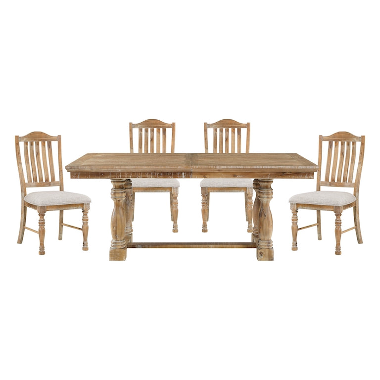 Wooden dining table with four matching chairs on a white background