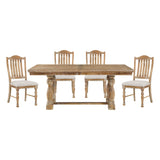 Wooden dining table with four matching chairs on a white background