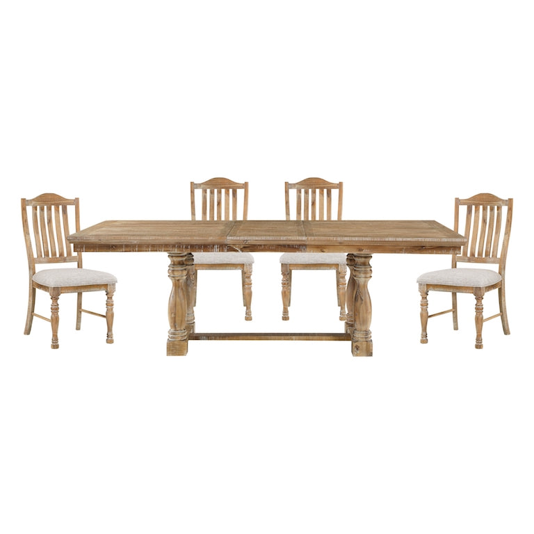 Wooden dining table with four matching chairs on a white background