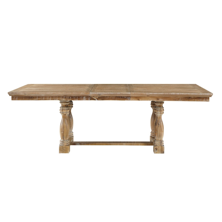 Wooden dining table with a rustic design on a white background