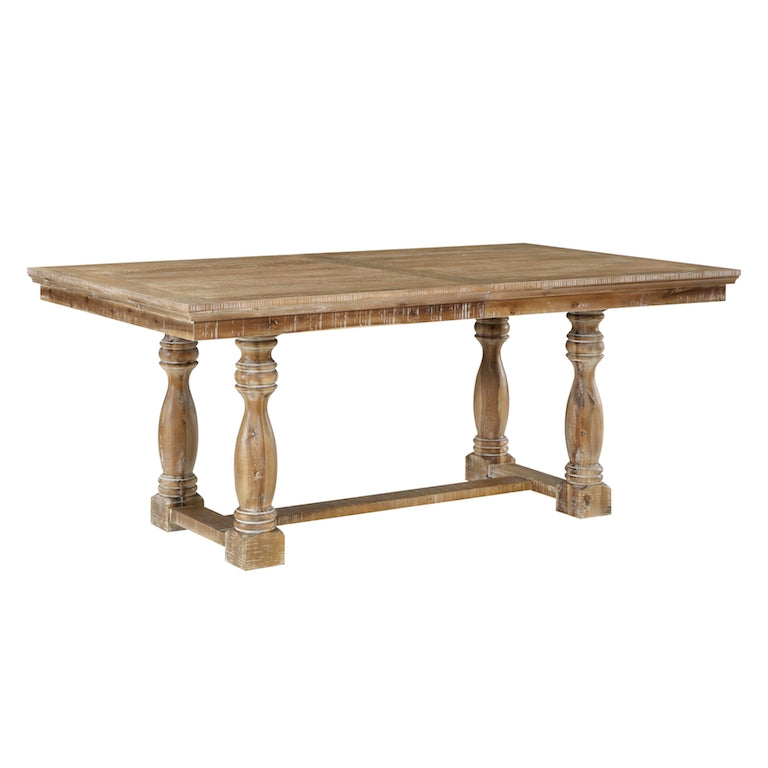 Wooden dining table with turned legs on a white background