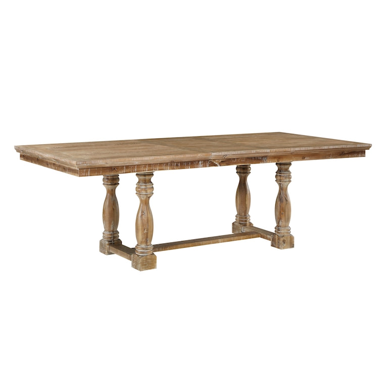 Wooden dining table with turned legs on a white background