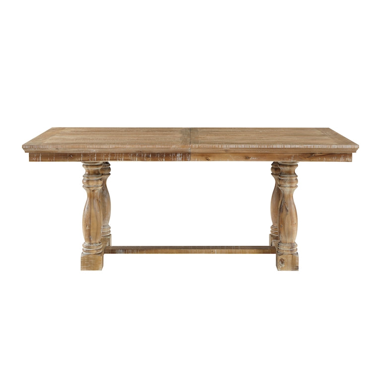 Wooden dining table with turned legs on a white background