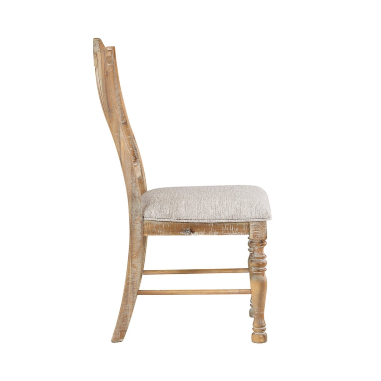 Wooden chair with a beige cushion on a white background