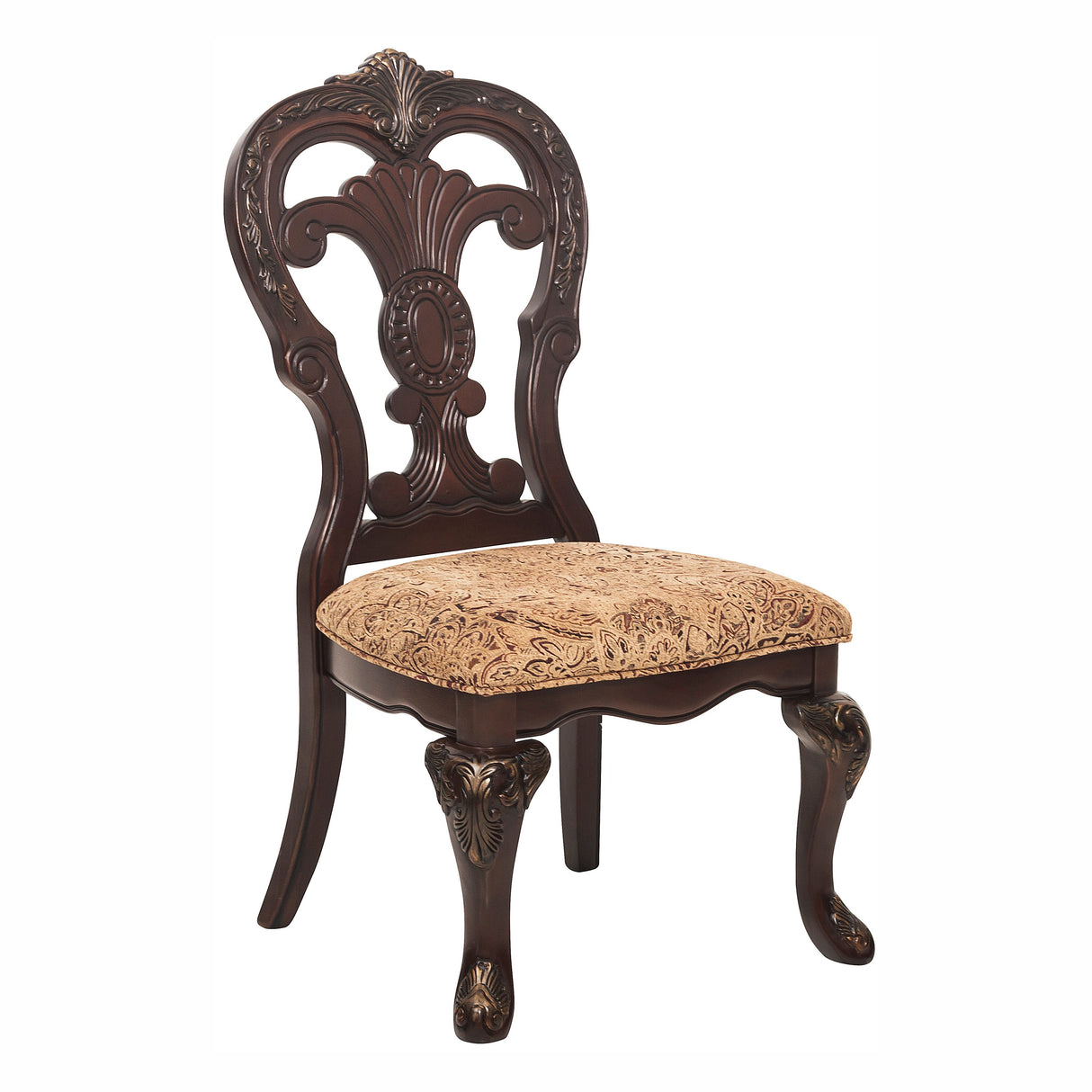 Decorative wooden chair with patterned cushion on a white background