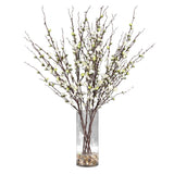 Quince Blossoms Silk Centerpiece, Plant In A Clear Glass Vase - Dark Brown / White by Uttermost - View 1