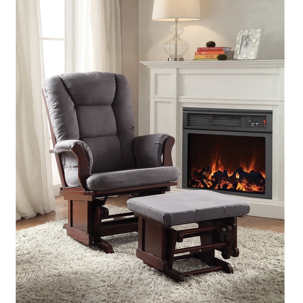 Acme - Adeliza Glider Chair & Ottoman 59338 Gray Microfiber & Cherry Finish