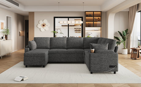 Versatile U-Shaped Sectional Sofa Bed with Storage, Cup Holders, Charging Ports in Grey Chenille - sold by Home Elegance USA