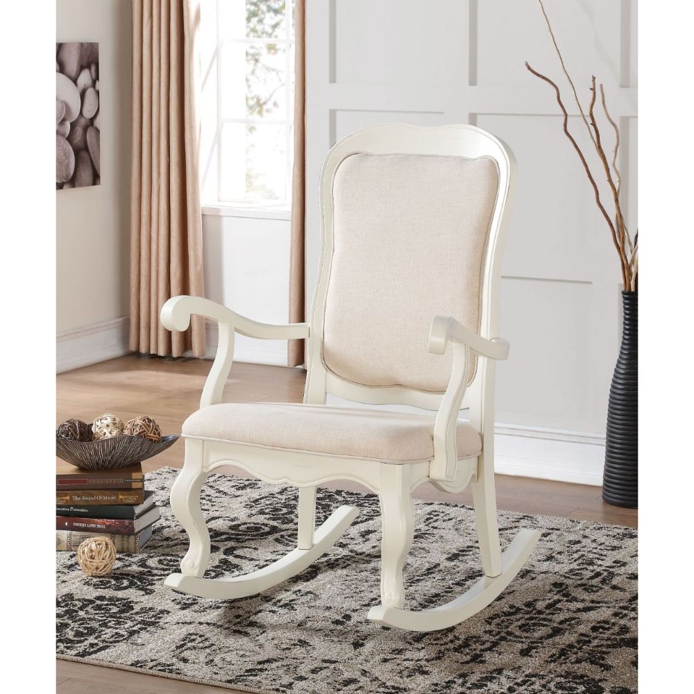 Acme - Sharan Rocking Chair 59388 Fabric & Antique White Finish