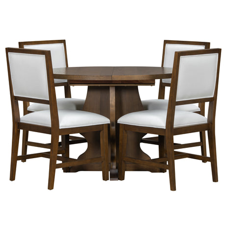 TREXM Farmhouse 5-Piece Dining Table Set with 4 Upholstered Chairs, Wood Extendable Dining Table with 15.7' Leaf for Extra Seating for Dining Room, Kitchen and Living Room (Brown) - sold by Home Elegance USA