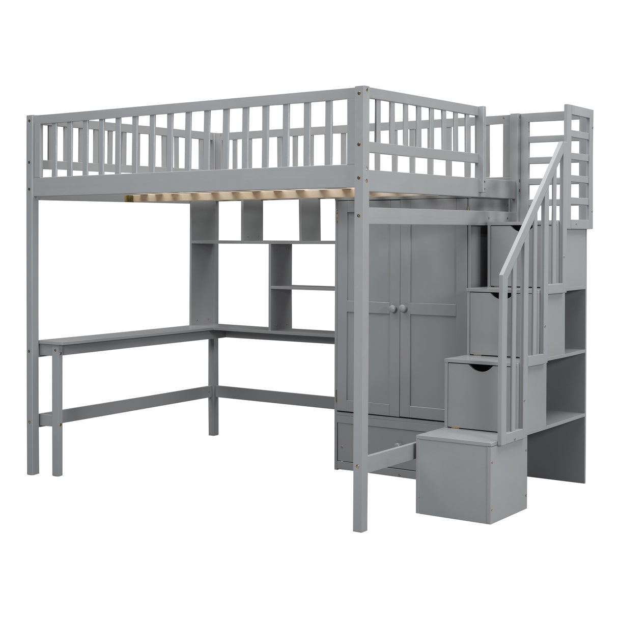 Full size Loft Bed with Bookshelf,Drawers,Desk,and Wardrobe-Gray - Home Elegance USA