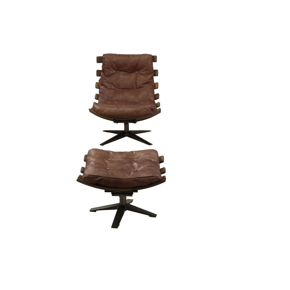 Acme - Gandy Chair & Ottoman 59530 Retro Brown Top Grain Leather