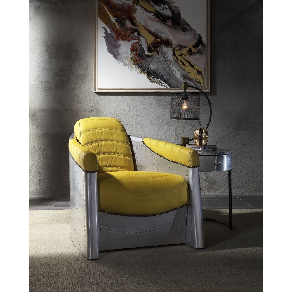 Acme - Brancaster Accent Chair 59624 Yellow Top Grain Leather & Aluminum