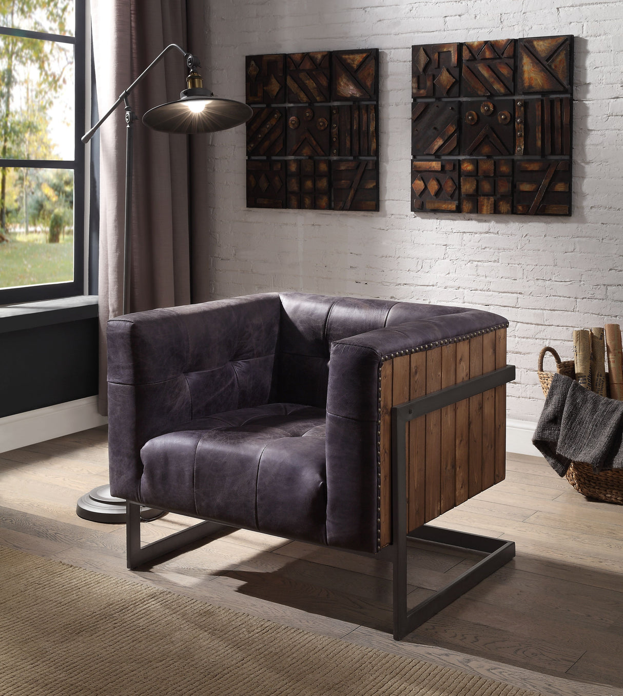 Acme - Sagat Accent Chair 59667 Antique Ebony Top Grain Leather & Rustic Oak Finish