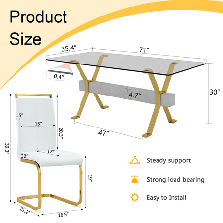 Table and chair set.Elegant Transparent Tempered Glass Dining Set - 71'x35.4' with 8 White PU Chairs with golden C-tube metal leg. - sold by Home Elegance USA
