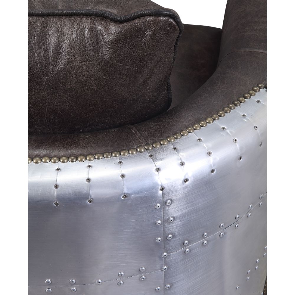 Acme - Kalona Accent Chair 59717 Distress Chocolate Top Grain Leather & Aluminum