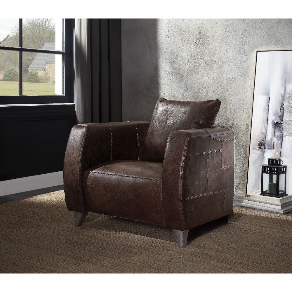 Acme - Kalona Accent Chair 59717 Distress Chocolate Top Grain Leather & Aluminum