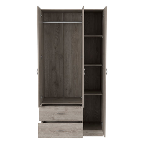 Bosko 3 Doors Armoire, Two Drawers, Metal Rod, Light Gray -Bedroom - sold by Home Elegance USA