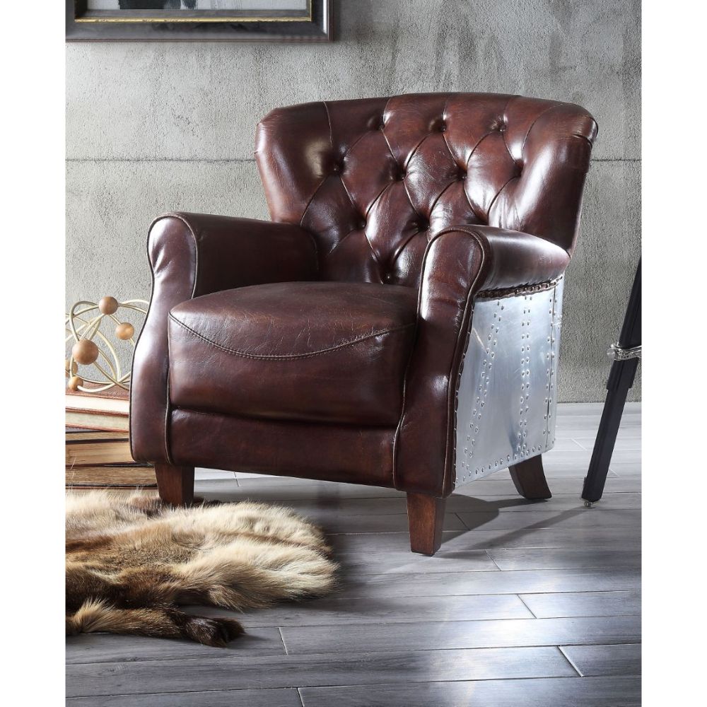 Brancaster Accent Chair 59830 Vintage Brown & Aluminum | Acme | Home Elegance USA