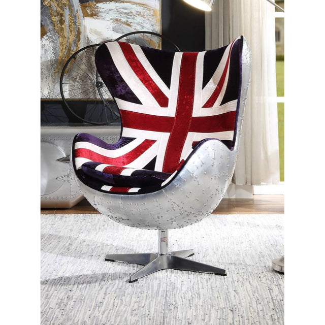 Brancaster British Flag Accent Chair W/Swivel 59835 Pattern Fabric & Aluminum | Acme | Home Elegance USA