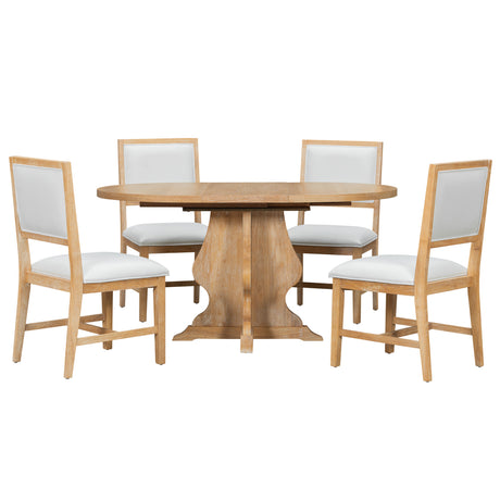 TREXM Farmhouse 5-Piece Dining Table Set with 4 Upholstered Chairs, Wood Extendable Dining Table with 15.7' Leaf for Extra Seating for Dining Room, Kitchen and Living Room (Natural Wood Wash) - sold by Home Elegance USA
