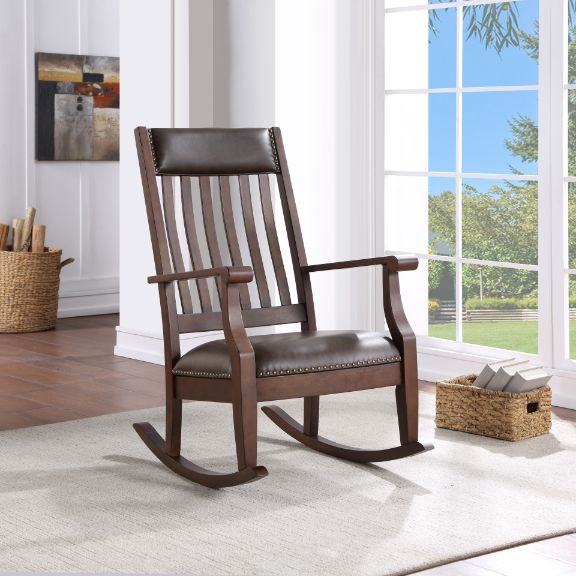 Acme - Raina Rocking Chair 59937 Brown Synthetic Leather & Walnut Finish