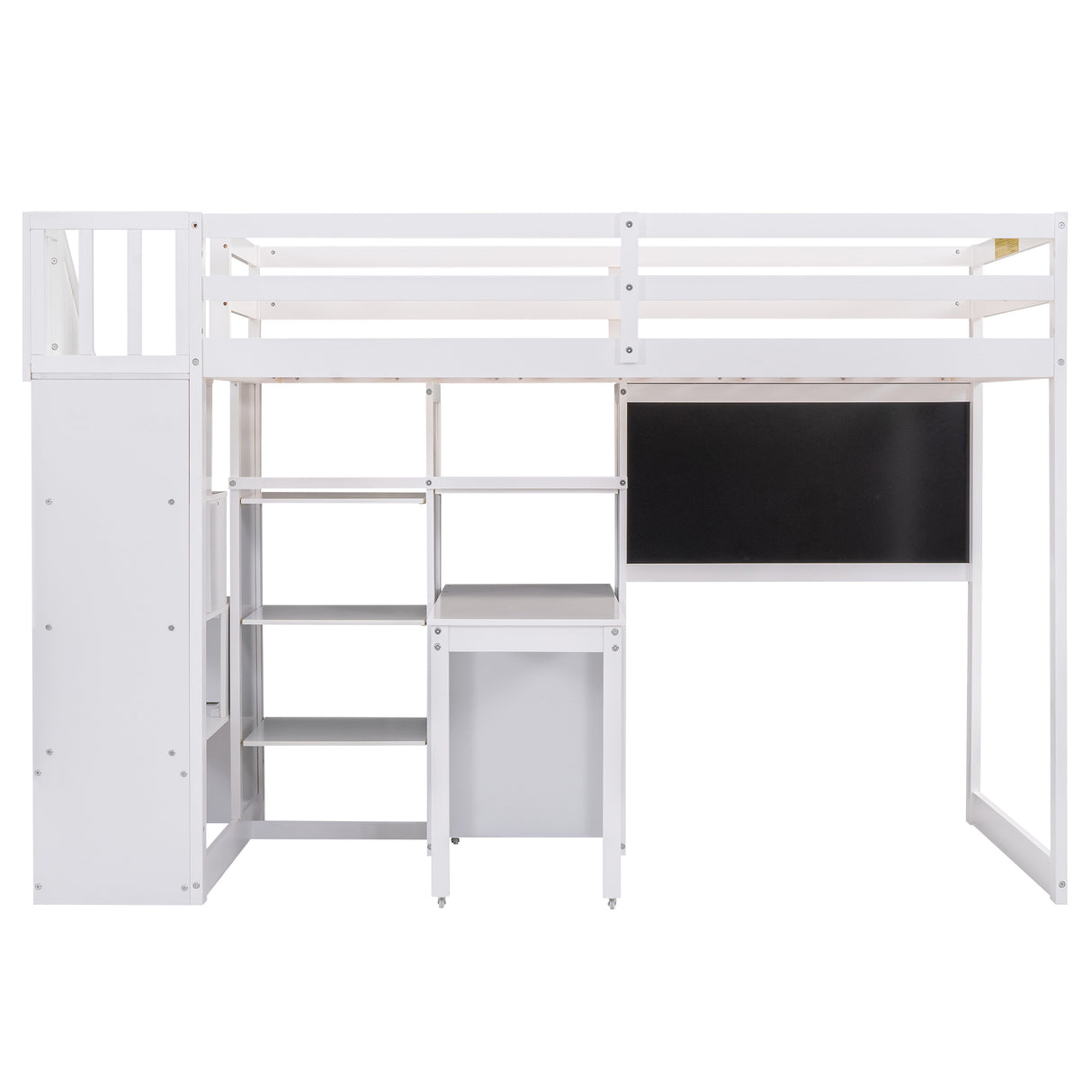 Twin Size Loft Bed with Pullable Desk and Storage Shelves,Staircase and Blackboard,White - Home Elegance USA