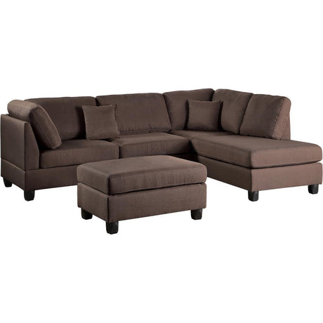 Chocolate Color 3pcs Sectional Living Room Furniture Reversible Chaise Sofa And Ottoman Polyfiber Linen Like Fabric Cushion Couch - sold by Home Elegance USA
