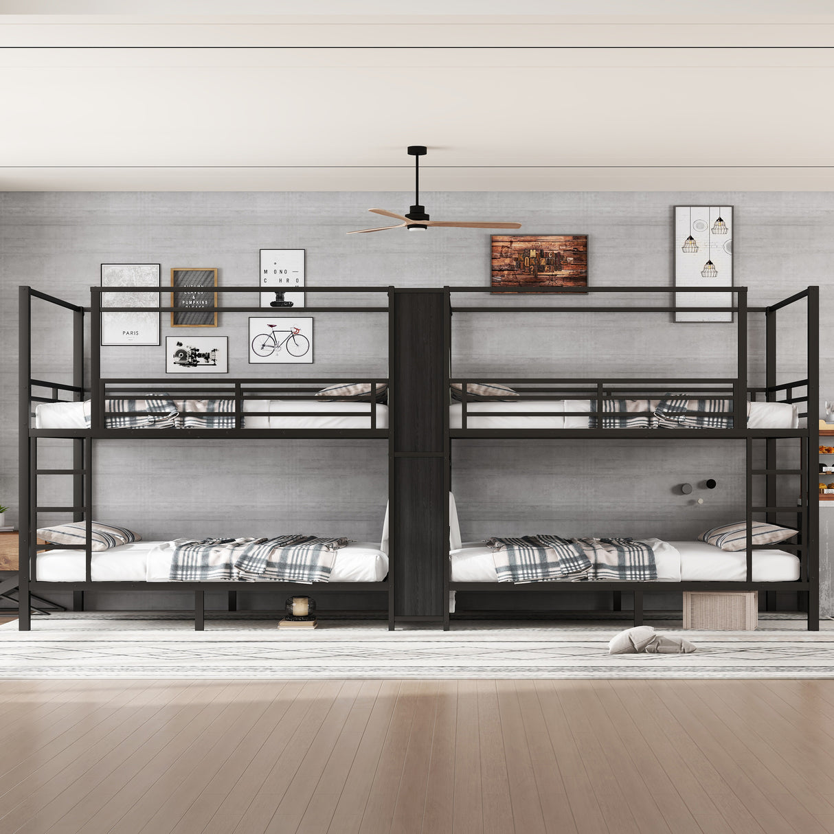 Full size Quadruple Metal Bunk Bed,Quadruple Metal Bunk Bed with Built-in Storage Shelves & Wardrobe,Sturdy Metal Frame with Noise-reduced Design,Black