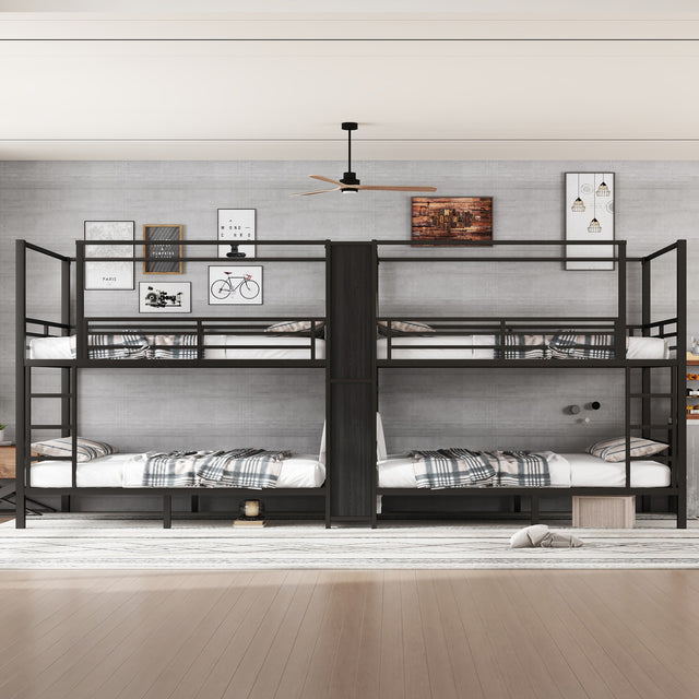 Full size Quadruple Metal Bunk Bed,Quadruple Metal Bunk Bed with Built-in Storage Shelves & Wardrobe,Sturdy Metal Frame with Noise-reduced Design,Black