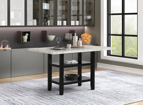 1pc Modern Elegant Design Counter Height Faux Marble Top Black Base Lower Shelf Storage Pub Height Table Dining Room Wooden Furniture
