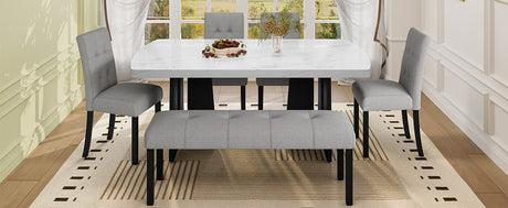 6 Piece Modern Dining Table Set, 63' Faux Marble Dining Table with Geometric Legs & 4 Upholstered Chairs & 1 Bench, Suitable for Dining Kitchen Room,Easy to Assemble, White+Gray - sold by Home Elegance USA