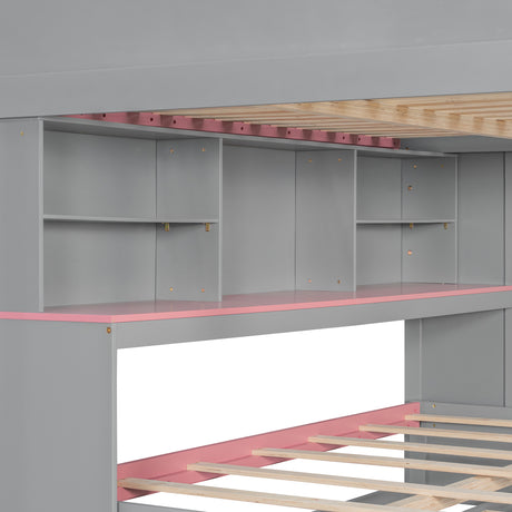 Full Over Full Bunk Bed with Twin Size Trundle and Staircase, Shelves, LED,Gray - sold by Home Elegance USA