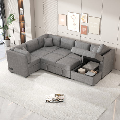 U-shaped Sectional Sofa Pull out Sofa Bed with USB Ports, Power Sockets, Storage Chaise, Light Gray Chenille, 108.6' - sold by Home Elegance USA