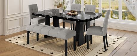 6 Piece Modern Dining Table Set, 63' Faux Marble Dining Table with Geometric Legs & 4 Upholstered Chairs & 1 Bench, Suitable for Dining Kitchen Room,Easy to Assemble, Black + Gray - sold by Home Elegance USA