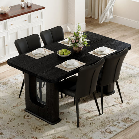 Table and chair set. 64.5 x 35.4 Inch Stylish Black Wood Color Textured Dining Table.Paired with 4 Black PU chairs with a vertical stripe design on the backrest and black metal legs. - sold by Home Elegance USA