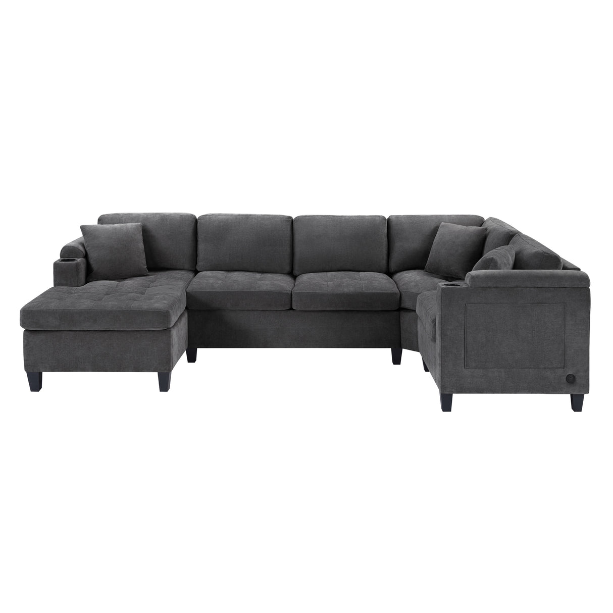 Modern U-shaped Sectional Sofa 115.7' with Built-in Cup Holders, Storage, USB Ports in Grey Chenille Fabric