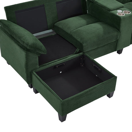 Modern Green U-shaped Sectional Sofa with Corduroy Upholstery, Hidden Storage Ottomans, USB Ports, and Cup Holders, 116.9' - sold by Home Elegance USA